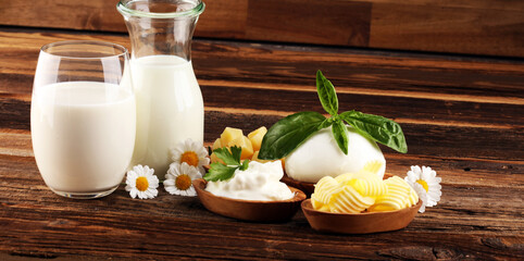 milk products. tasty healthy dairy products on a table on. mozzarella in a bowl, cottage cheese bowl, butter swirls, glass bottle