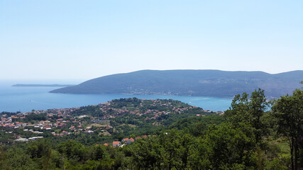 Fototapeta premium view to Bay of Kotor - green hills and small towns