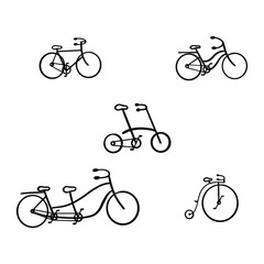 Hand drawn vehicle vector illustration. Black silhouetted figures of tandem, road, city, folding and retro bicycles isolated on white background. Bike riding art. Perfect for icon or logo.