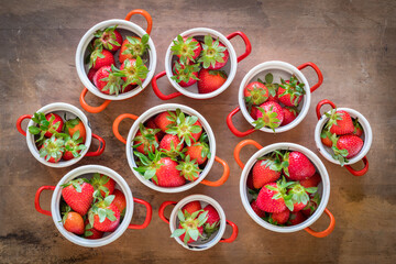 Freshly picked strawberries in pots