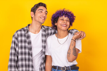 happy woman and man couple isolated on color background