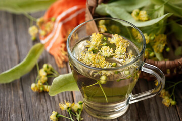 linden flowers in a glass tea cup