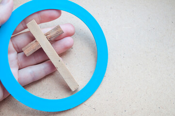 Diabetes awareness. World Diabetes Day. Hand holds a blue circle and a drop blood. Symbol diabetes. Insulin dependence.	
