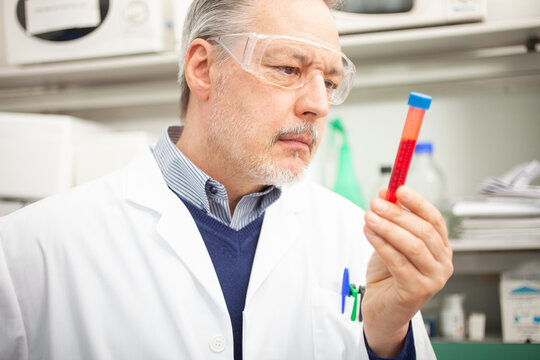 Medical sientist researcher looking at a blood tube, coronavirus blood test