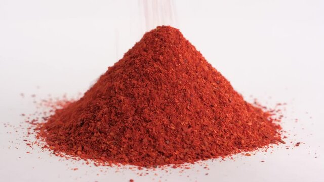 Heap red chili powder or paprika rotating on a white background