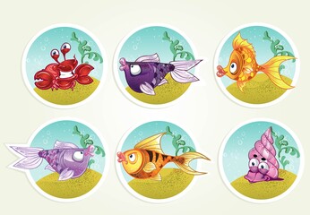 Cartoon collection of marine life - fish, crab, snail stickers