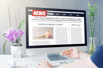 Men reading cryptocurrency news on a computer screen. Mockup website. Newspaper and portal on internet.