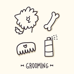 Dog grooming icons on an isolated background. Doodle style. Curly dog. Concept of animal grooming. Haircut of domestic dogs. Illustration for a postcard or logo. Vector.