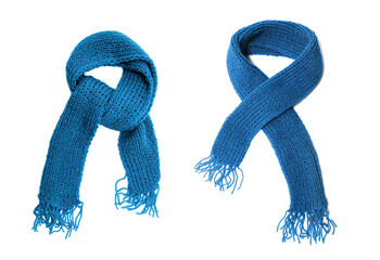 Blue knitted scarf on a white background.