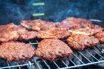 Hamburgers grilled on the garden barbeque