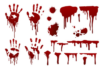 Collection of blood splatters and drops. Bloody handprints. Vector illustration.