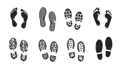 Set of bootprints iaolsted on white. Grunge effect. Vector illustration.