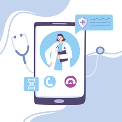 online doctor, female practitioner with stethoscope on the smartphone screen medical advice or consultation service