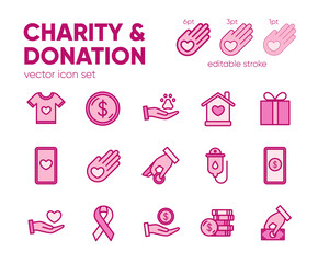 Charity and donation icons set, logotype, badge. Friendship, Generous, volunteer center, fundraising event, organization with text place. Vector outline icon. Editable stroke.