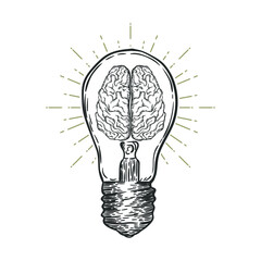 Light bulb with brain inside as a  reflection of idea. Vector illustration.