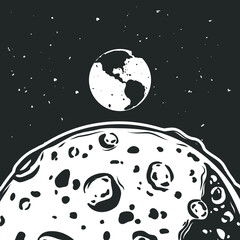 Earth and moon surface with stars. Vector ilustration.