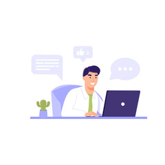 Internet assistant or office worker. Man sitting in chair and working on laptop, around the icons of social networks. Vector business illustration on white background.