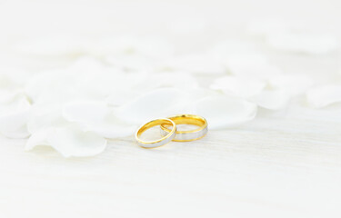 Wedding rings and white petals