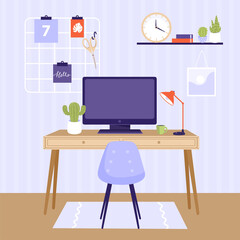 Comfortable workplace design illustration. Work at home or remote work concept. Computer, table, chair, house plants, lamp and decorations. Vector.