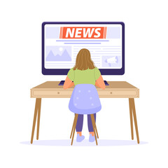 Breaking news concept. Woman sitting at table and reading news using computer. Vector illustration on white background.