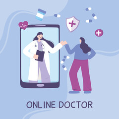 online doctor, female physician video support patient smartphone medical advice or consultation service
