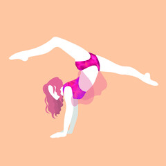 Girl with curly hair is exercising. Ballet training in a bright pink triangular suit. Beautiful girl demonstrates the twine. The girl goes in for sports.