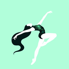 The girl goes in for sports. Dark green triangles swimsuit. The girl is dancing ballet. Elegant pose, long hair. Healthy and active lifestyle.