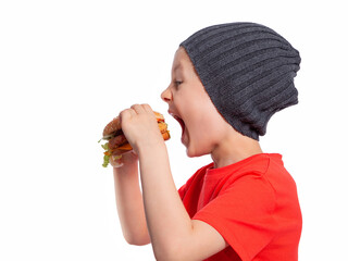 The child takes an appetising bite of a hamburger. A beautiful European boy 6 years old is going to eat fast food. Happy child. Snack. Favorite children's food.