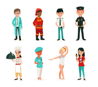 Children in clothes of different professions: policeman, cook, ballerina, fireman, doctor and nurse.  Set of cartoon kids characters. 