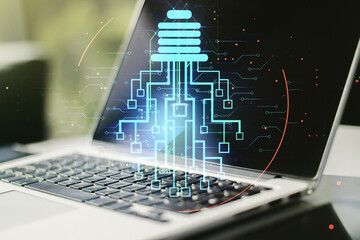 Creative light bulb illustration with microcircuit on modern computer background, future technology concept. Multiexposure