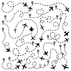 Naklejka premium Set of airplanes and its track on a white background. Vector illustration