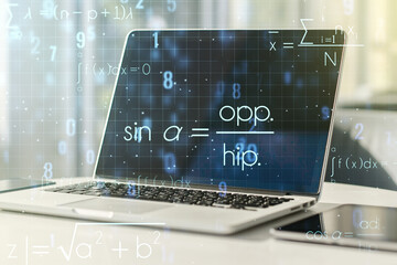 Creative scientific formula illustration on modern computer background, science and research...