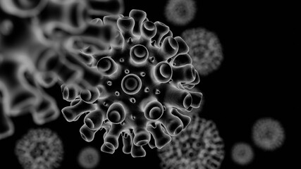 Coronavirus sars-cov-2 on a black background, multiple cells, 3D render illustration