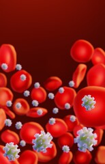 Coronavirus sars-cov-2 causing COVID-19 with red blood cells on a dark background. 3D render illustration	