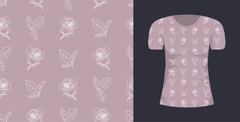 Seamless pattern wiht white roses, leaves and mock up T-shirt whith this pattern on dark background. Floral illustration