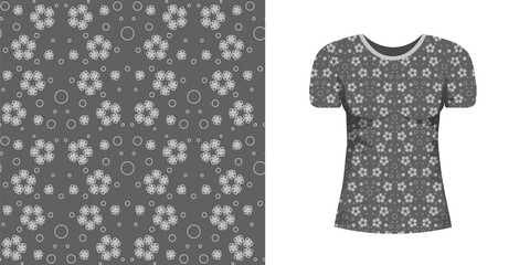 Abstract seamless pattern wiht grey flowers against black background and mock up T-shirt whith short sleeve with this ormnament. Floral texture for fabric, textile, wrapping paper, bedlinen.