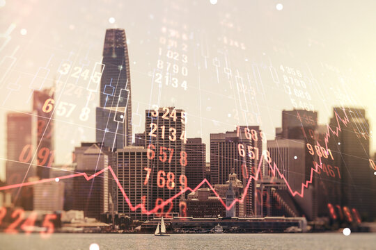 Multi exposure of abstract statistics data hologram interface on San Francisco office buildings background, computing and analytics concept