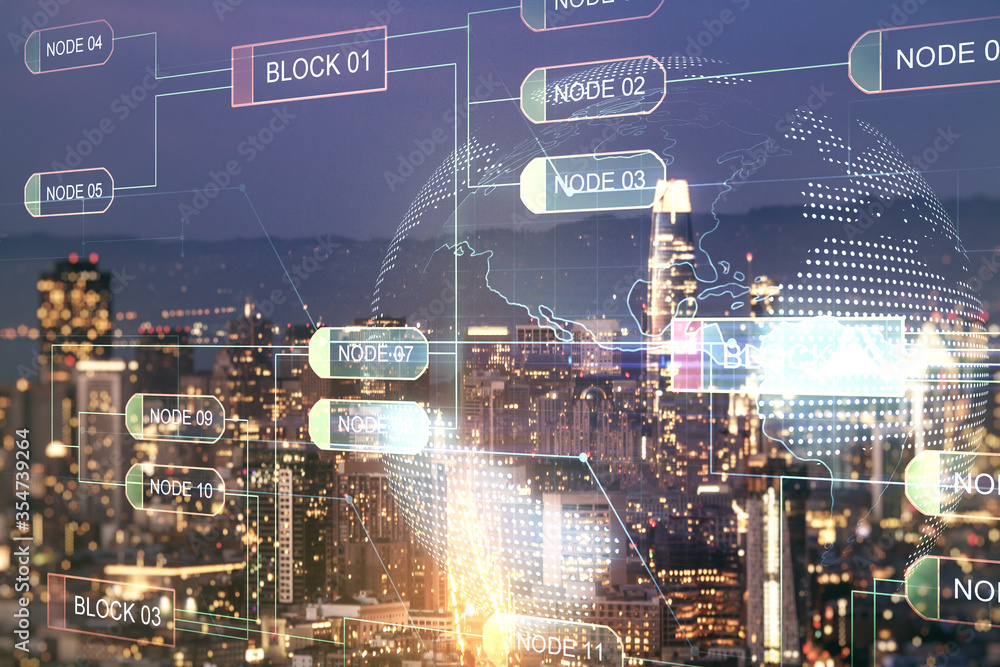 Poster abstract virtual coding illustration and world map on san francisco cityscape background, internatio