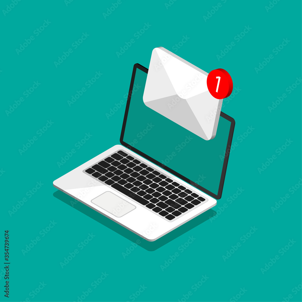 Poster isometric design of laptop with envelope and document on screen. getting or send new letter. e-mail,