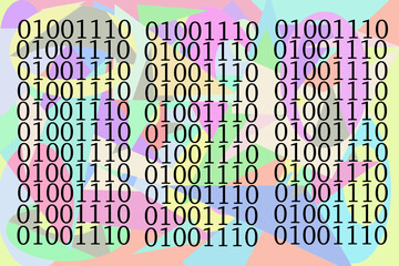 computer byte, bits string, binary code, two-symbols decimal number set, unit of digital information, encoding pattern, geometric colourful background