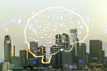 Fototapeta na wymiar Double exposure of creative human brain microcircuit hologram on Los Angeles office buildings background. Future technology and AI concept