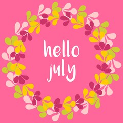 Hello july vector wreath sunny yellow and pink card