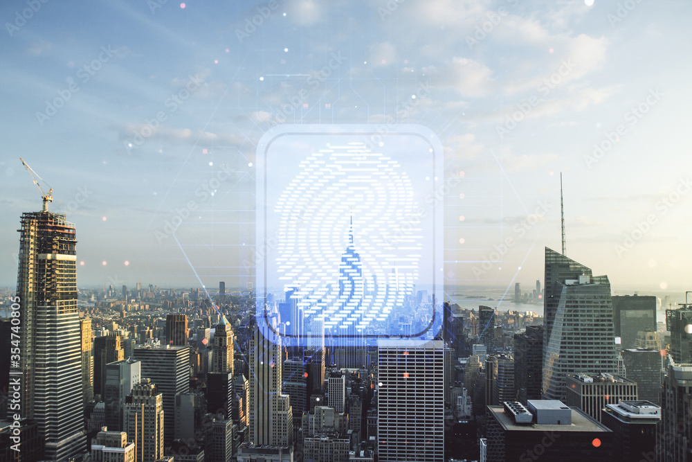 Leinwandbilder multi exposure of virtual graphic fingerprint sketch on manhattan cityscape background, fingerprint 