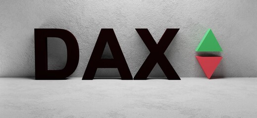cgi render illustration of the word DAX infront of a white concrete wall, green and red up and down arrows
 - obrazy, fototapety, plakaty