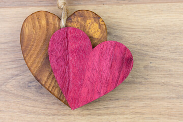 top view close-up red heart on wooden background