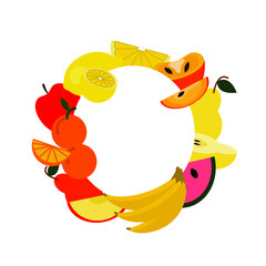 Eco food menu background. Vector flat frame, wreathe with fruit banana, orange, persimmon, watermelon, pear, apple, lemon isolated on white. 