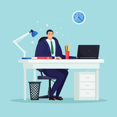 Business man working at desk. Office interior with computer, laptop, documents, table lamp, book. Manager sitting on chair. Workplace for worker, employee. Vector flat design