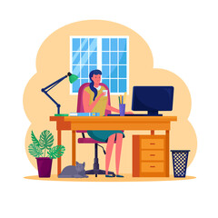 Middle age woman working at home with cat. Character sitting at desk and using computer. Remote freelance work, online study, education concept. Vector cartoon design