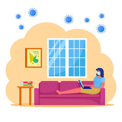 Stay at home during coronavirus pandemic. Freelancer works from house office. Quarantine, isolation period concept. Woman sitting on sofa with laptop. Girl in a medical face mask. Vector flat design