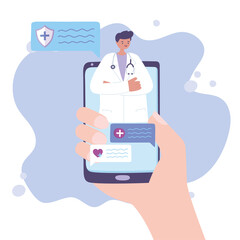 telemedicine, hand with smartphone doctor online support